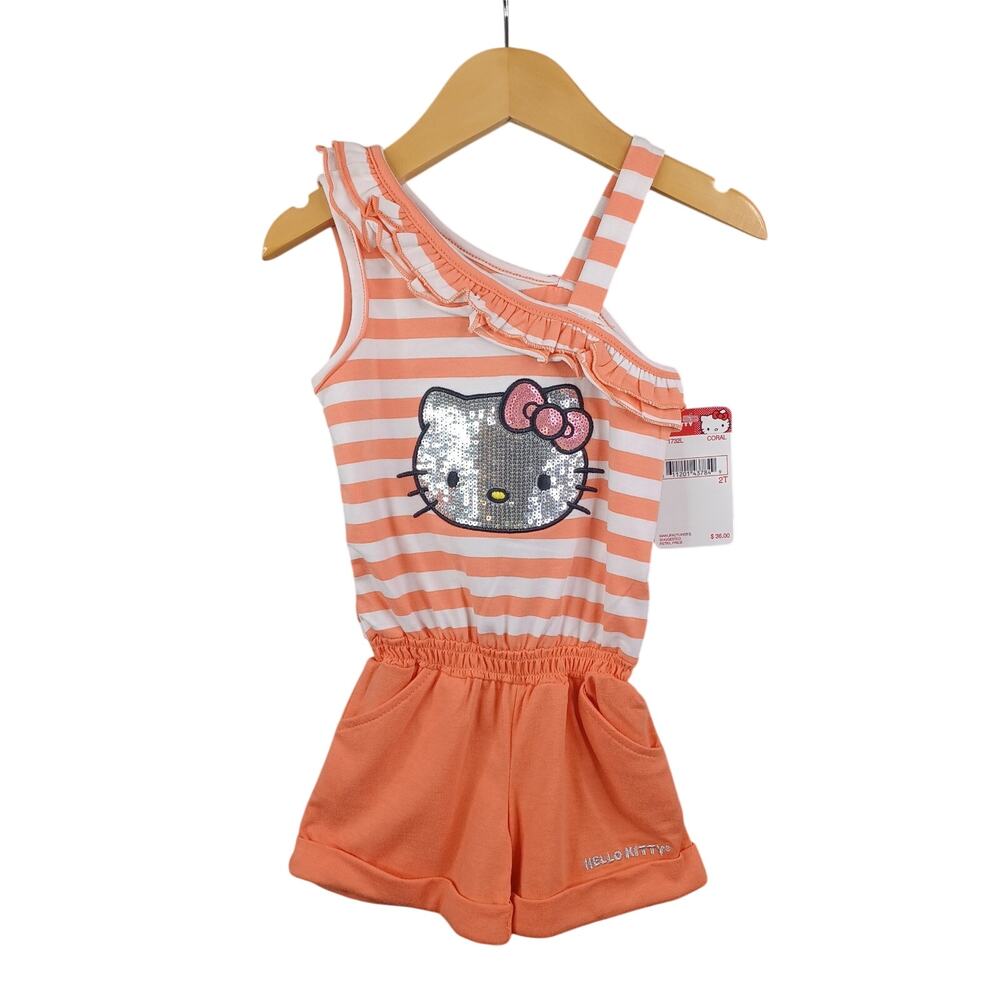 Hello Kitty Girls Shorts Romper Outfit Size 2T Orange Sequin Cat Face Ruffle NWT